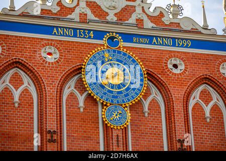 House of the BlackHeads astronomical clock details, Latvia Stock Photo