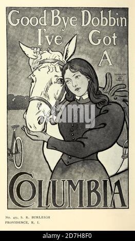 Exhibition of Columbia bicycle art poster designs by Pope Manufacturing Company, Boston in 1896. These posters were entered into a competition held by Stock Photo