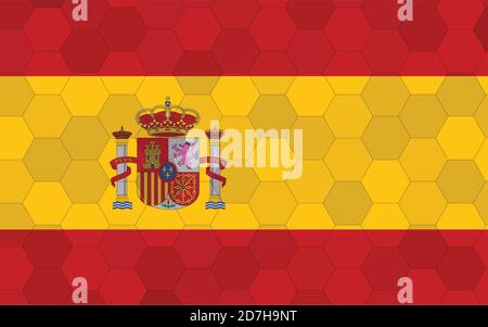 Spain flag illustration. Futuristic Spanish flag graphic with abstract hexagon background vector. Spain national flag symbolizes independence. Stock Vector
