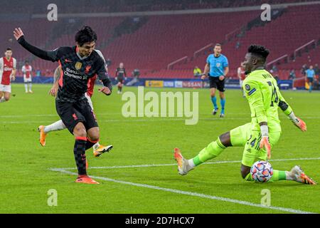 AMSTERDAM, NETHERLANDS - OCTOBER 21: Takumi Minamino of Liverpool FC during the UEFA Champions League match between Ajax and Liverpool at the Johan Cruijff Arena on October 21, 2020 in Amsterdam, Netherlands (Photo by Gerrit van Keulen/Orange Pictures) Stock Photo