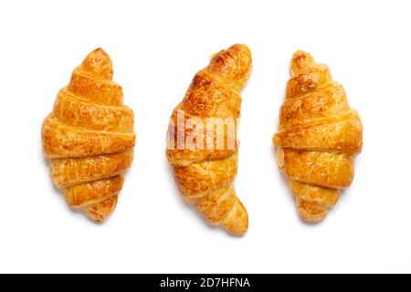 Fresh french croissant with chocolate isolated on white background Continental morning breakfast Top view Flat lay Stock Photo