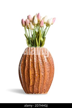 modern ceramic vase with artificial tulips on white background Stock Photo