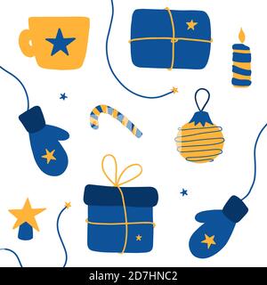 A set of Christmas vector illustrations. Hand-drawn gifts, cup, candle, mittens, ball, candy. Stock Vector