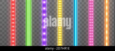 Colorful LED strips collection, bright luminous ribbons isolated on a transparent background. Realistic neon garlands. Stock Vector