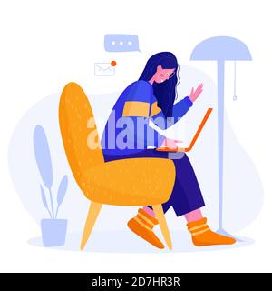 Vector illustration of home office. Girl with laptop sitting on the chair. Stock Vector