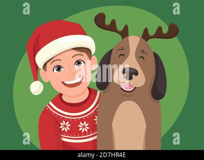 Christmas portrait of a girl with his dog. The girl is wearing a Santa Claus hat and the dog is wearing a diadem with reindeer horns. Vector illustrat Stock Vector