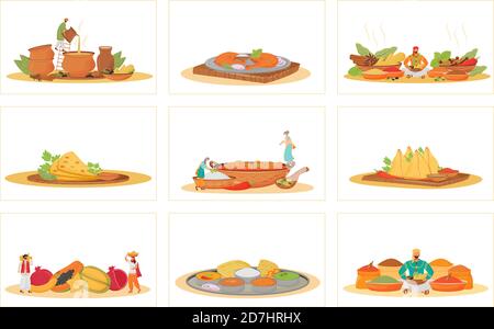 Indian traditional meals flat concept vector illustrations set Stock Vector