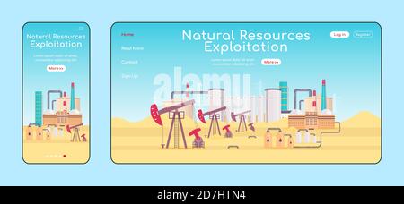 Natural resources exploitation adaptive landing page flat color vector template Stock Vector