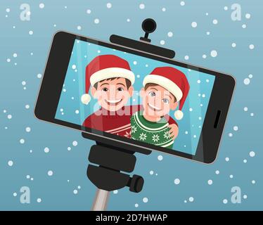Selfie capture taken with a smartphone of two smiley kids wearing a Santa Claus hat. Stock Vector