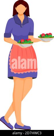Waitress, female cook with dishes flat color vector faceless character Stock Vector