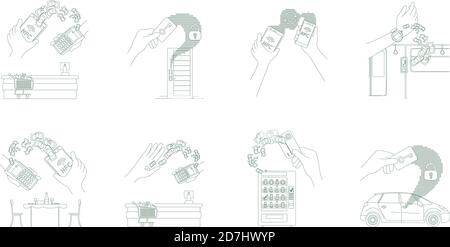 E-money and keycards thin line concept vector illustrations set Stock Vector