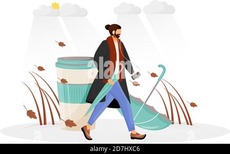 Man in coat go for walk flat concept vector illustration Stock Vector