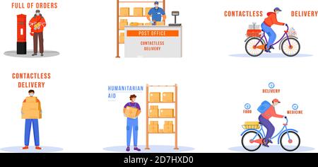 Contactless delivery flat color vector faceless characters set Stock Vector