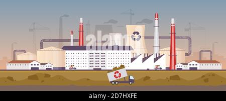 garbage processing plant with a pipe. truck waste delivery. flat vector ...