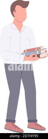 Guy holding books flat color vector faceless character Stock Vector