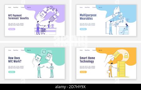 NFC tech landing page flat silhouette vector templates set Stock Vector