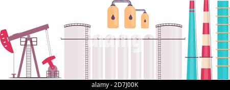 Refinery plant flat color vector objects set Stock Vector
