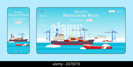 Arctic resources race adaptive landing page flat color vector template Stock Vector