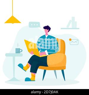 Vector illustration of home office. Man with laptop sitting on the chair. Stock Vector