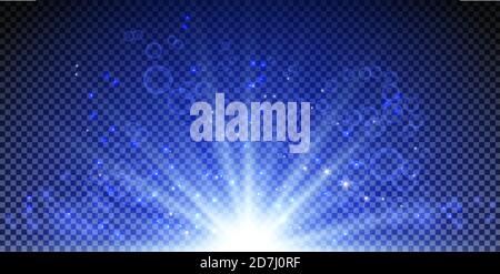 Blue burst on transparent background with sparkles and bokeh. Blue star glow effect. Magic burst for cads, invitations, poster and web. Futuristic vector design Stock Vector