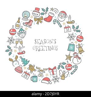 Christmas greeting card. Hand drawn isolated elements creating a circle around 'Season's Greetings' text. Vector illustration. Stock Vector