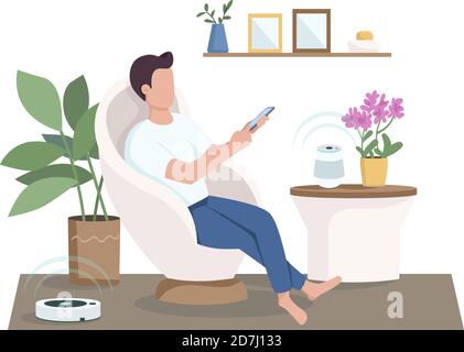 Guy in modern living room flat color vector faceless character Stock Vector