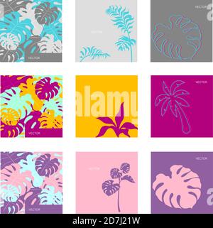 Jungle vegitation flat color vector backgrounds set Stock Vector