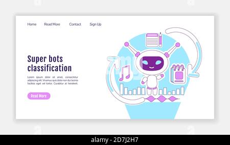 Super bots classification landing page flat silhouette vector template Stock Vector