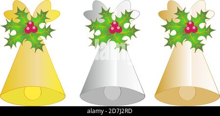 Set of three colorful New Year and Christmas bells decorated with bow, mistletoe and berries Stock Vector