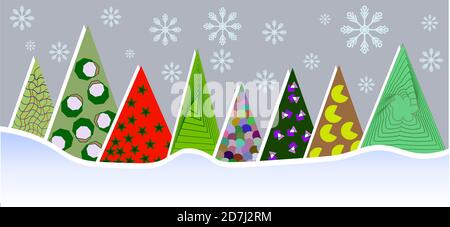 Abstract colored triangular New Year and Christmas trees in a snowdrift Stock Vector