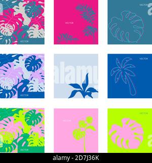 Jungle vegitation flat color vector backgrounds set Stock Vector