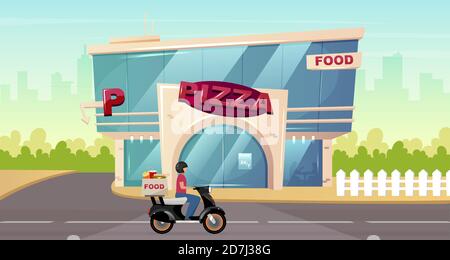 Pizza place on street flat color vector illustration Stock Vector