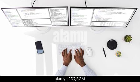 Work From Home On Multiple Computer Screen Stock Photo