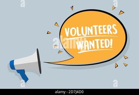 megaphone and text VOLUNTEERS WANTED in speech bubble against colored background vector illustration Stock Vector