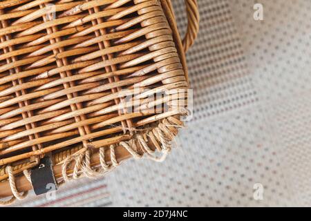 Closed handmade wicker basket top view, background photo texture Stock Photo
