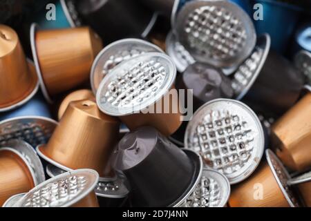 Waste coffee capsules, close-up photo with selective soft focus Stock Photo