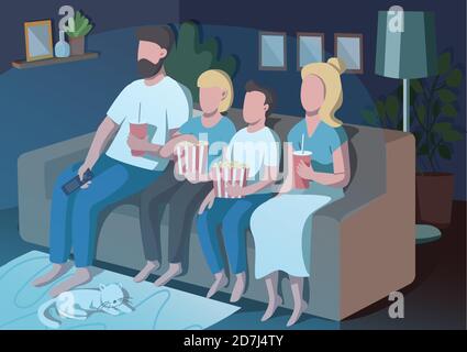 Family movie night flat color vector illustration Stock Vector