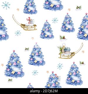 Seamless pattern blue Christmas tree with sleigh prize box in forest. Decorated Christmas tree. Isolated illustrations. Cartoon Christmas tree hand Stock Photo