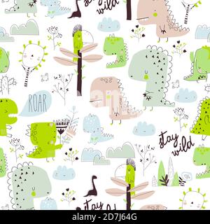 Seamless pattern with cartoon dinosaurs isolated on white background Stock Vector