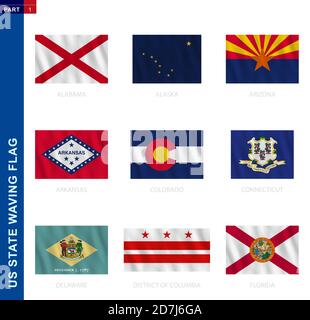 US states waving flag collection in official proportion, 9 vector flags: Alabama, Alaska, Arizona, Arkansas, Colorado, Connecticut, Delaware, District Stock Vector