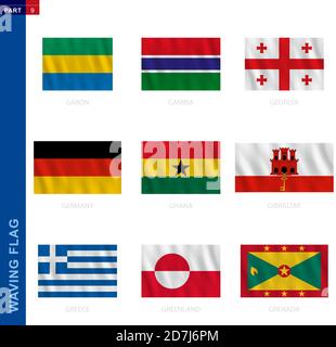 Waving flag collection in official proportion. 9 vector flags: Gabon, Gambia, Georgia, Germany, Ghana, Gibraltar, Greece, Greenland, Grenada Stock Vector