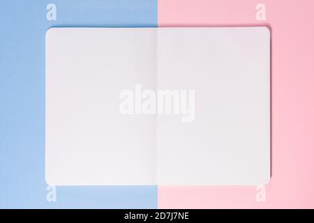 Clean open notepad or sketchbook with space for text on pink and blue background. Creative mockup desk. Flat lay. Top view. Artistic wallpaper Stock Photo