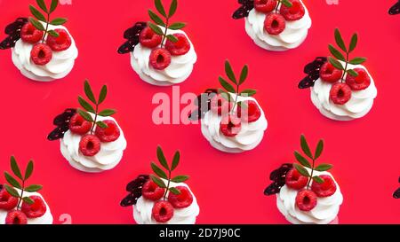 Cupcakes with butter cream on a pink background. Pattern for menu design, cafe decoration, delivery box, tshirt, fabric, textile Stock Photo