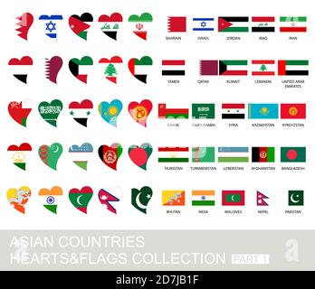 Asian countries set, hearts and flags, 2  version, part 1 Stock Vector
