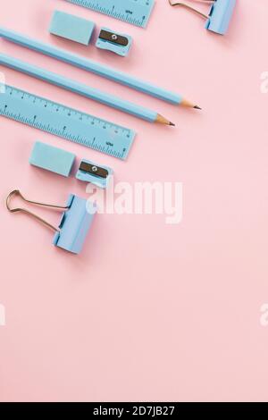 Studio shot of pink school supplies stock photo