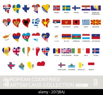 European countries set, hearts and flags, 2  version, part 2 Stock Vector