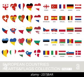 European countries set, hearts and flags, 2  version, part 1 Stock Vector