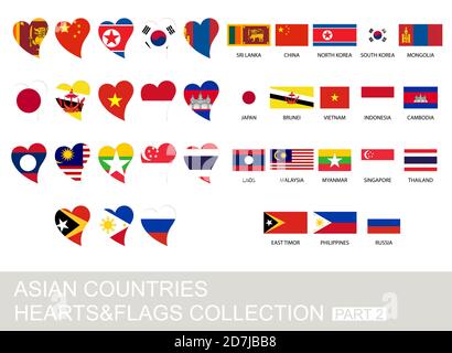 Asian countries set, hearts and flags, 2  version, part 2 Stock Vector