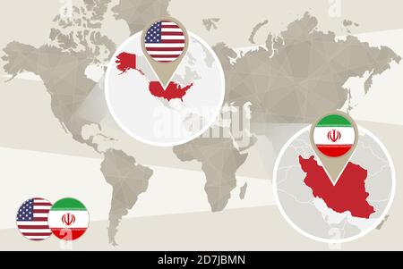 World map zoom on USA, Iran. Vector Illustration. Stock Vector