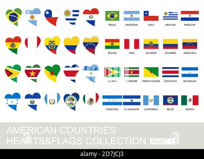 American countries set, hearts and flags, 2  version, part 1 Stock Vector
